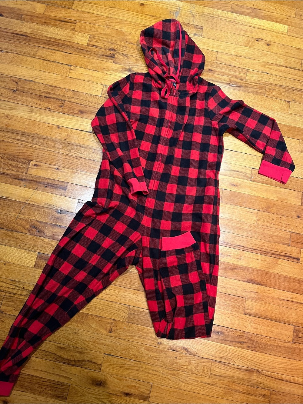 GapBody Unisex Red and Black Buffalo Plaid Hooded One-Piece Pajama